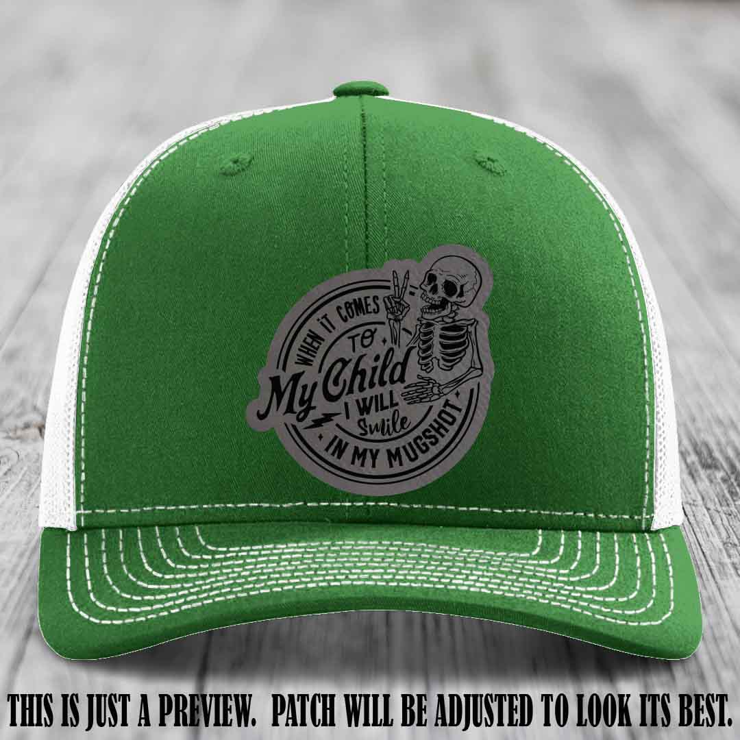 Smile In My Mugshot – Grey to Black Patch – Leather Patch Hat on Kelly to White Hat