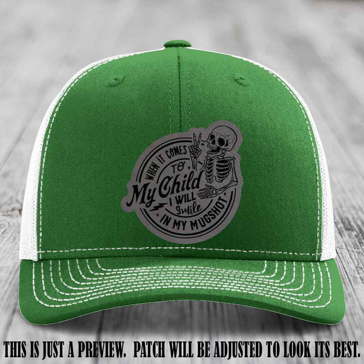 Smile In My Mugshot – Grey to Black Patch – Leather Patch Hat on Kelly to White Hat