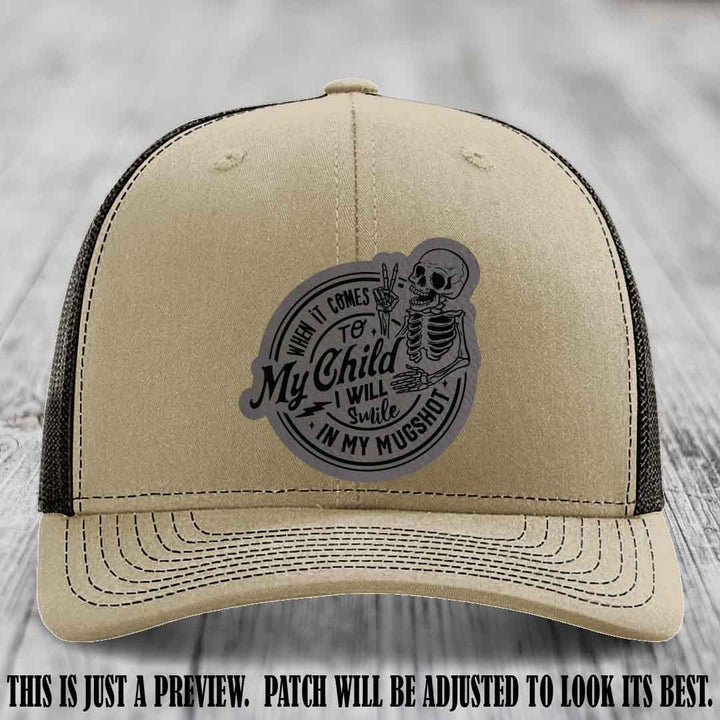 Smile In My Mugshot – Grey to Black Patch – Leather Patch Hat on Khaki to Coffee Hat