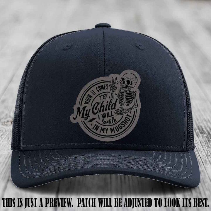 Smile In My Mugshot – Grey to Black Patch – Leather Patch Hat on Navy Hat