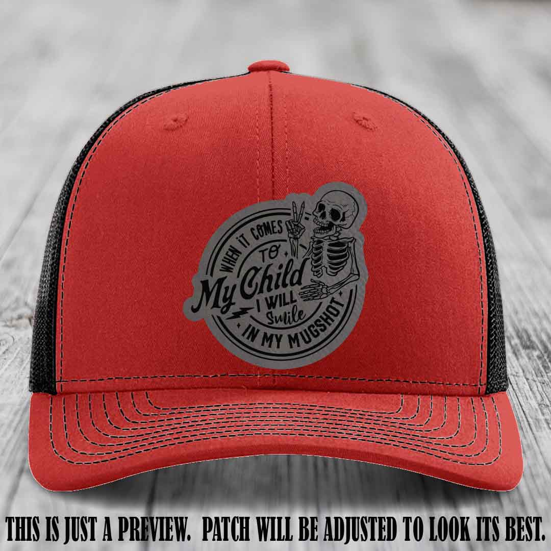 Smile In My Mugshot – Grey to Black Patch – Leather Patch Hat on Red to Black Hat
