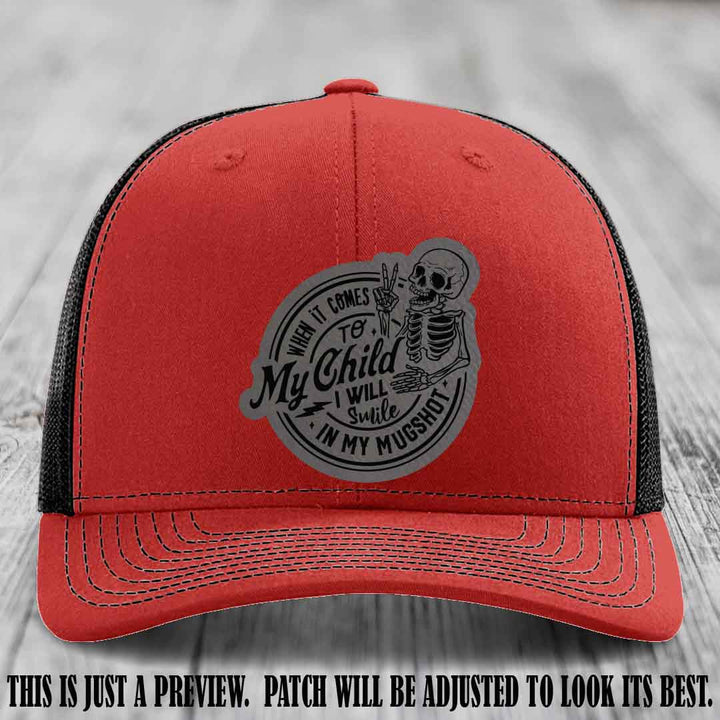Smile In My Mugshot – Grey to Black Patch – Leather Patch Hat on Red to Black Hat