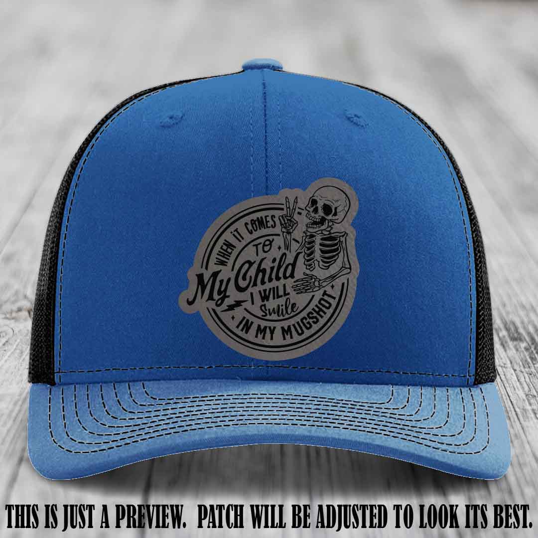 Smile In My Mugshot – Grey to Black Patch – Leather Patch Hat on Royal to Black Hat