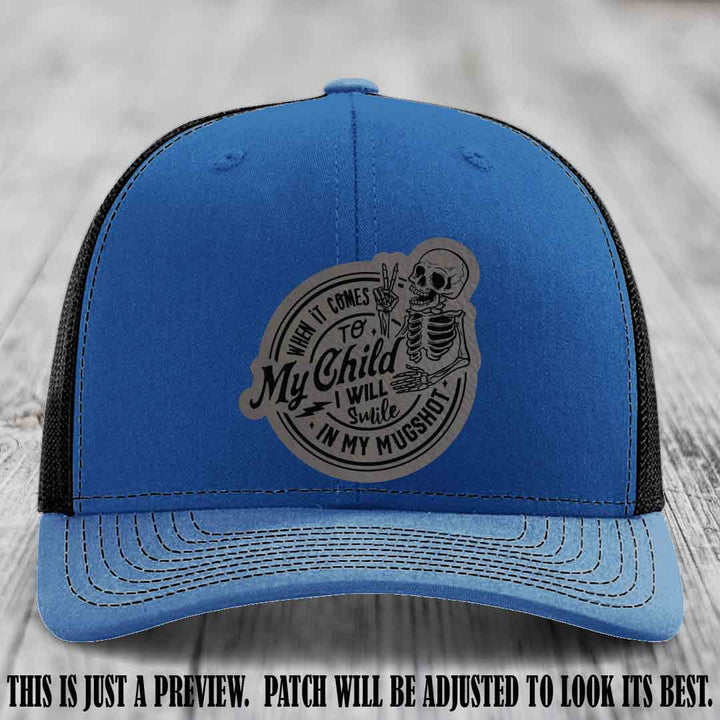 Smile In My Mugshot – Grey to Black Patch – Leather Patch Hat on Royal to Black Hat