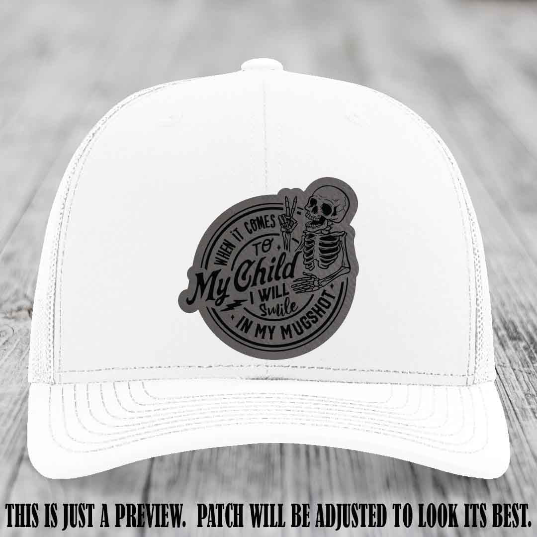 Smile In My Mugshot – Grey to Black Patch – Leather Patch Hat on White Hat