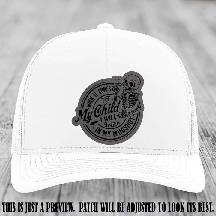 Smile In My Mugshot – Grey to Black Patch – Leather Patch Hat on White Hat