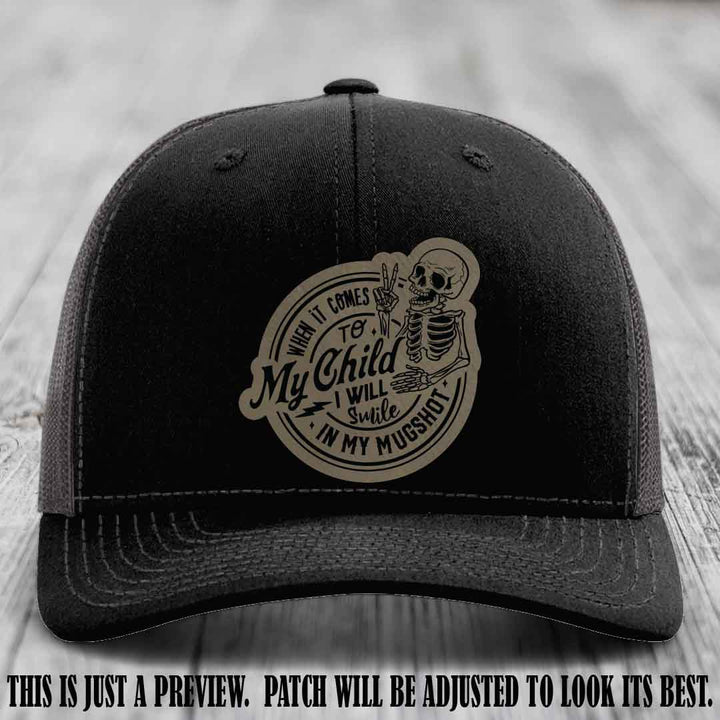 Smile In My Mugshot – Light Brown to Black Patch – Leather Patch Hat on Black to Charcoal Hat