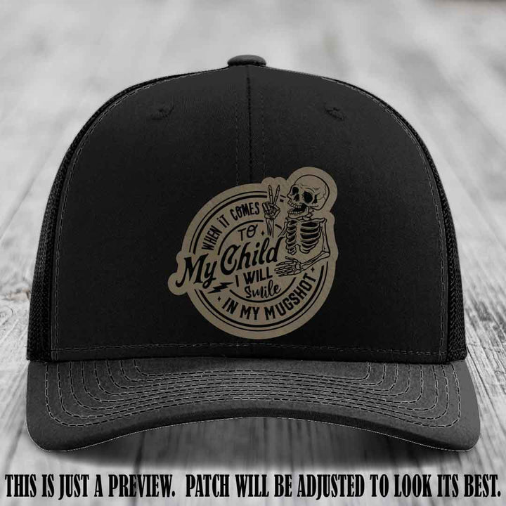 Smile In My Mugshot – Light Brown to Black Patch – Leather Patch Hat on Black Hat