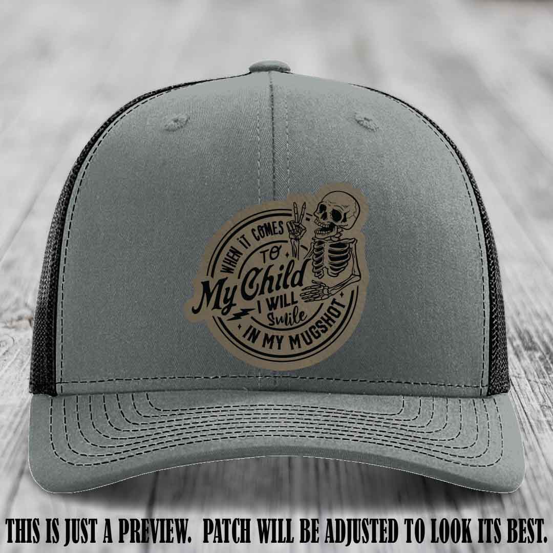 Smile In My Mugshot – Light Brown to Black Patch – Leather Patch Hat on Heather Grey to Black Hat