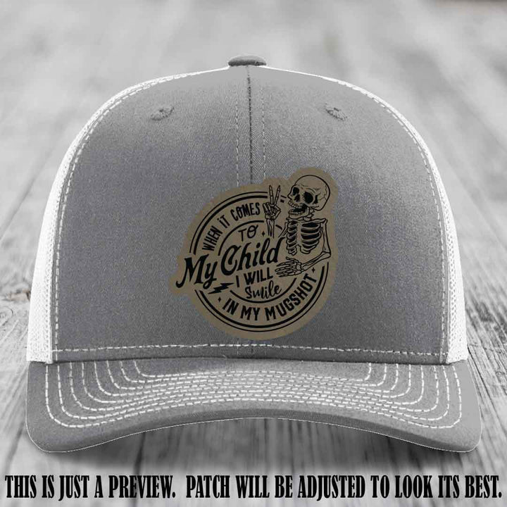 Smile In My Mugshot – Light Brown to Black Patch – Leather Patch Hat on Heather Grey to White Hat