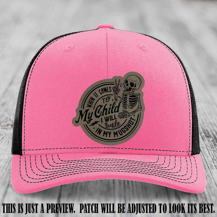 Smile In My Mugshot – Light Brown to Black Patch – Leather Patch Hat on Hot Pink to Black Hat