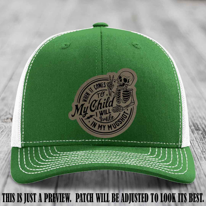 Smile In My Mugshot – Light Brown to Black Patch – Leather Patch Hat on Kelly to White Hat