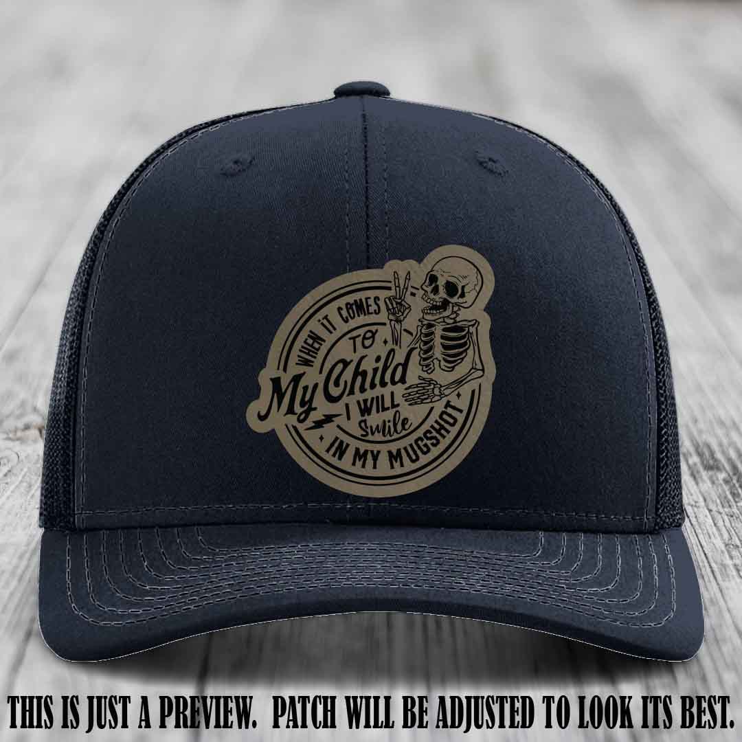 Smile In My Mugshot – Light Brown to Black Patch – Leather Patch Hat on Navy Hat