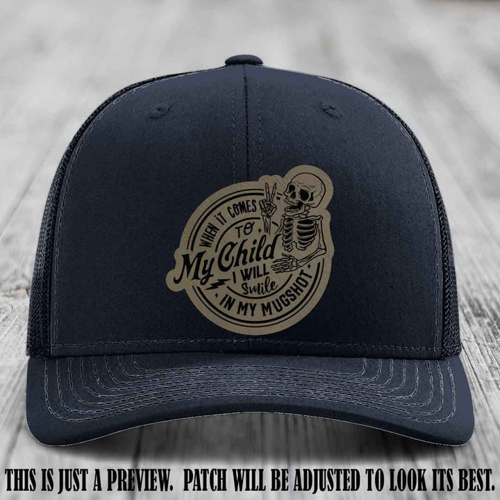 Smile In My Mugshot – Light Brown to Black Patch – Leather Patch Hat on Navy Hat