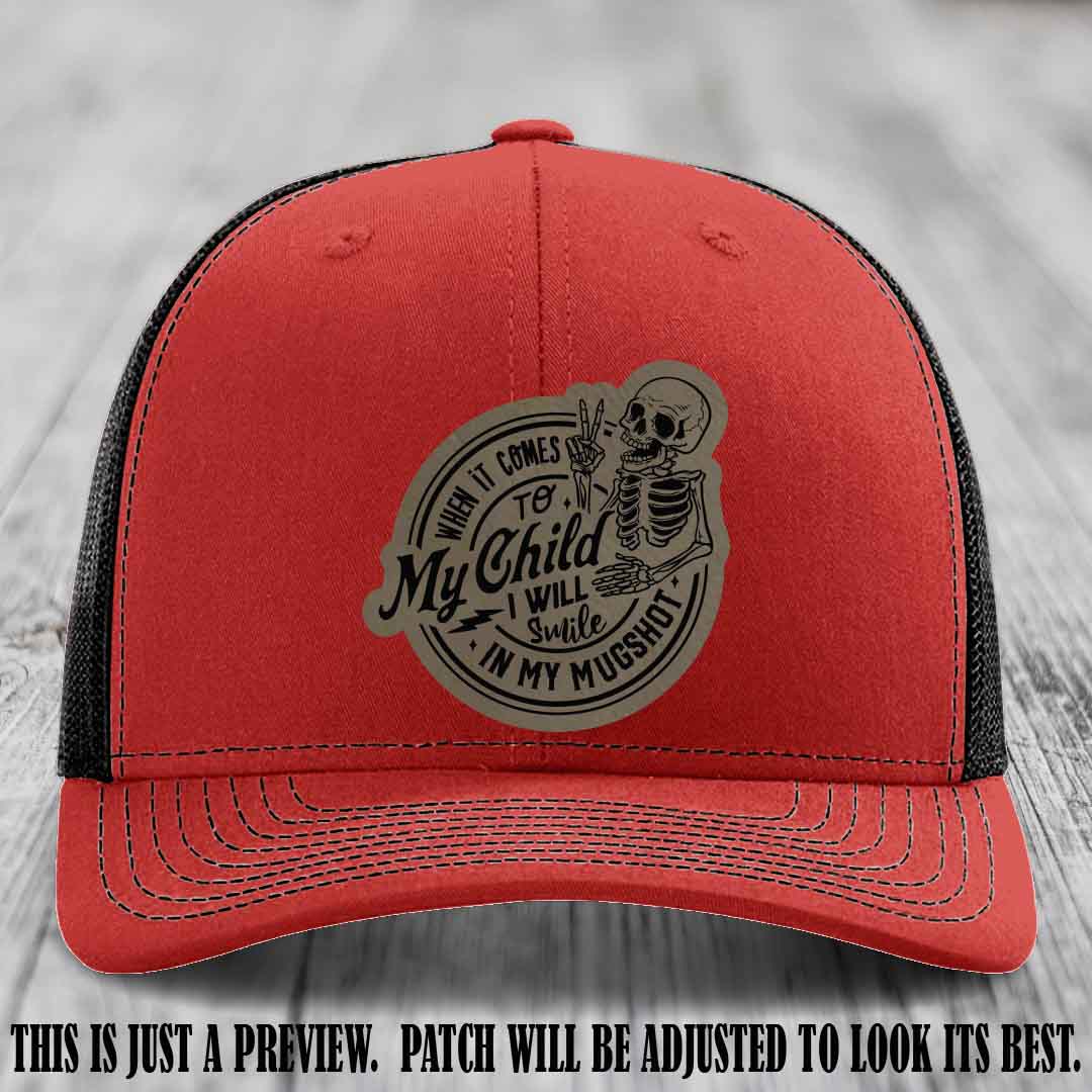 Smile In My Mugshot – Light Brown to Black Patch – Leather Patch Hat on Red to Black Hat
