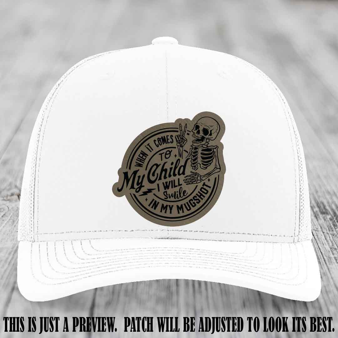 Smile In My Mugshot – Light Brown to Black Patch – Leather Patch Hat on White Hat