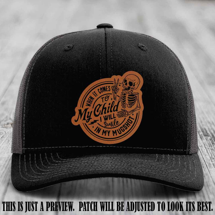 Smile In My Mugshot – Rawhide to Black Patch – Leather Patch Hat on Black to Charcoal Hat