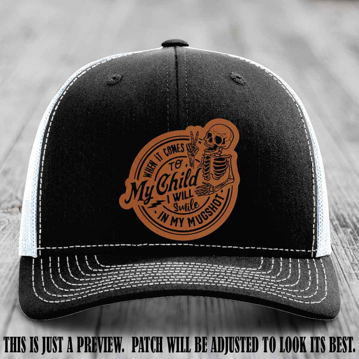 Smile In My Mugshot – Rawhide to Black Patch – Leather Patch Hat on Black to White Hat