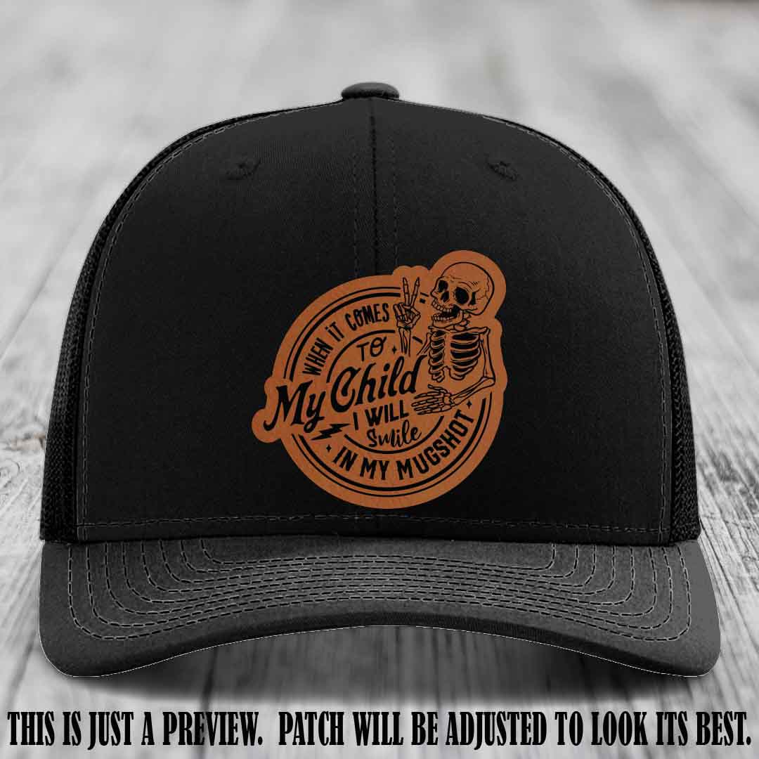 Smile In My Mugshot – Rawhide to Black Patch – Leather Patch Hat on Black Hat