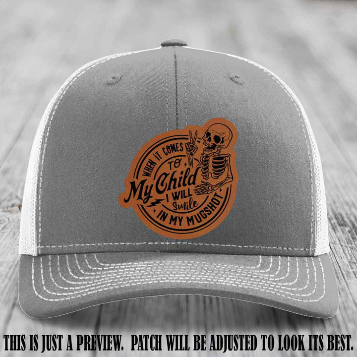Smile In My Mugshot – Rawhide to Black Patch – Leather Patch Hat on Heather Grey to White Hat
