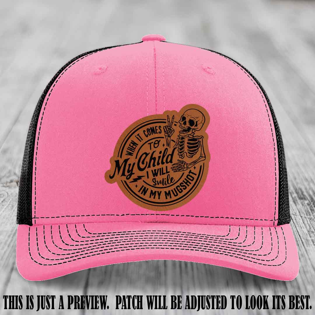 Smile In My Mugshot – Rawhide to Black Patch – Leather Patch Hat on Hot Pink to Black Hat
