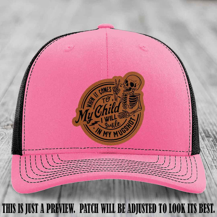 Smile In My Mugshot – Rawhide to Black Patch – Leather Patch Hat on Hot Pink to Black Hat