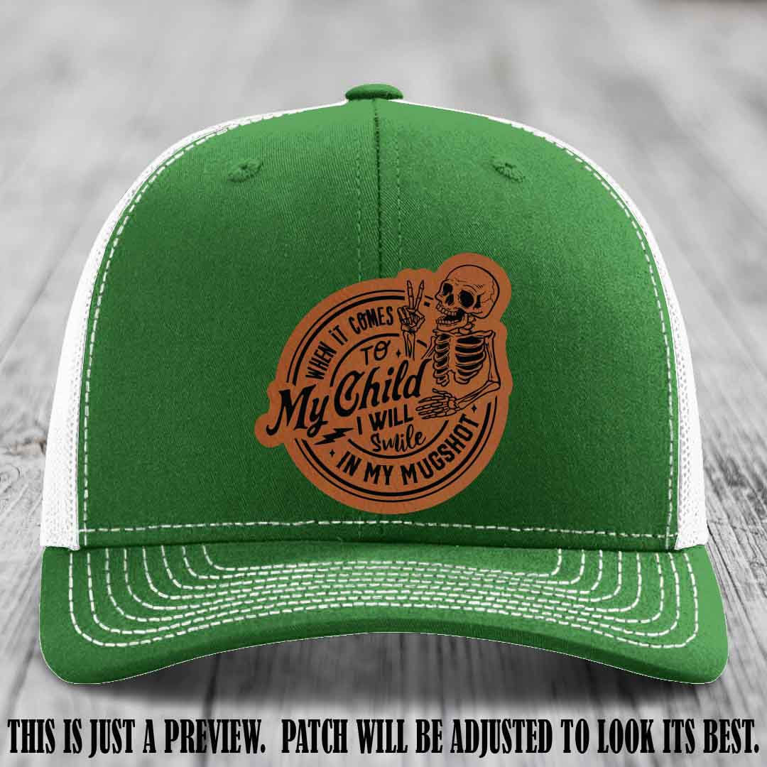 Smile In My Mugshot – Rawhide to Black Patch – Leather Patch Hat on Kelly to White Hat