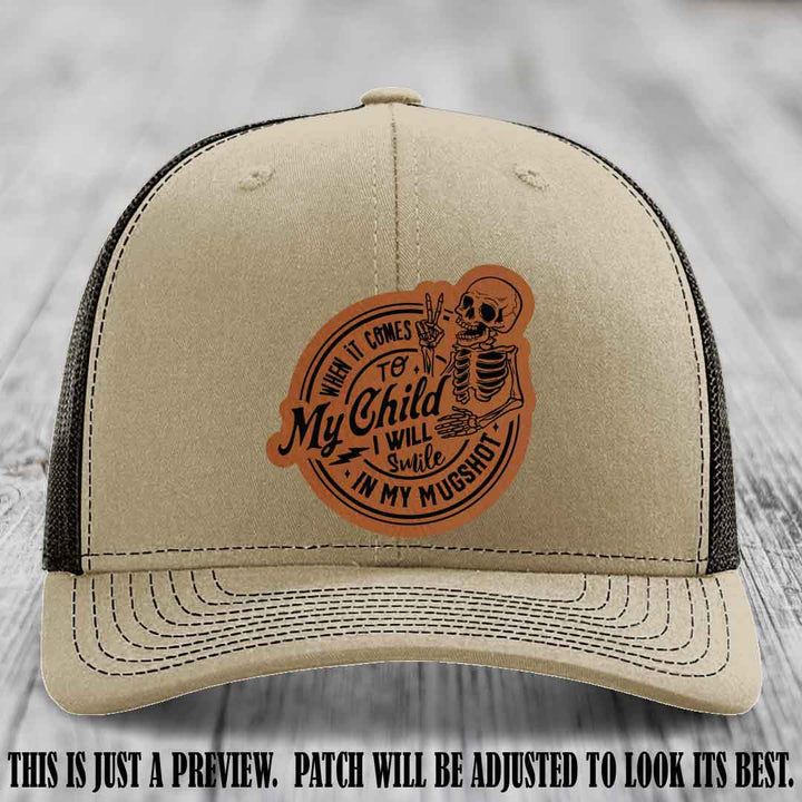 Smile In My Mugshot – Rawhide to Black Patch – Leather Patch Hat on Khaki to Coffee Hat