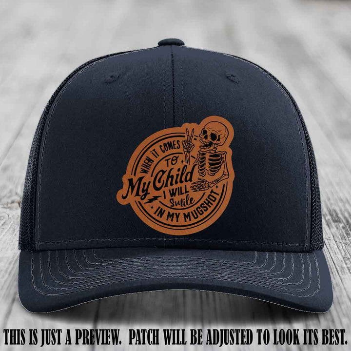 Smile In My Mugshot – Rawhide to Black Patch – Leather Patch Hat on Navy Hat