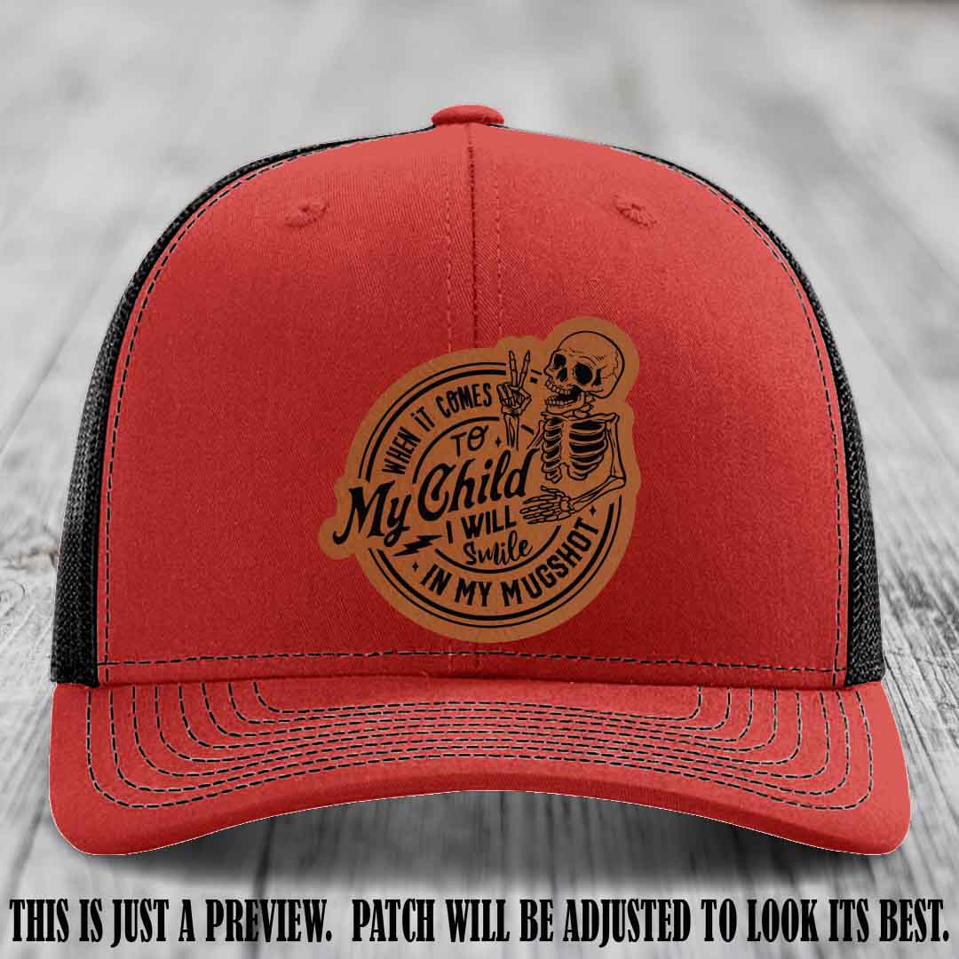 Smile In My Mugshot – Rawhide to Black Patch – Leather Patch Hat on Red to Black Hat