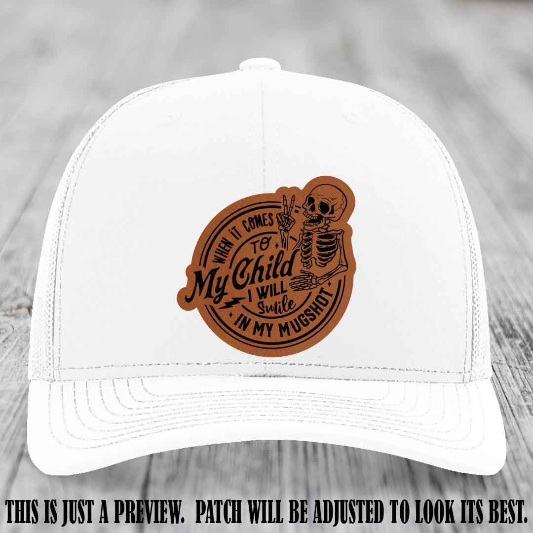 Smile In My Mugshot – Rawhide to Black Patch – Leather Patch Hat on White Hat