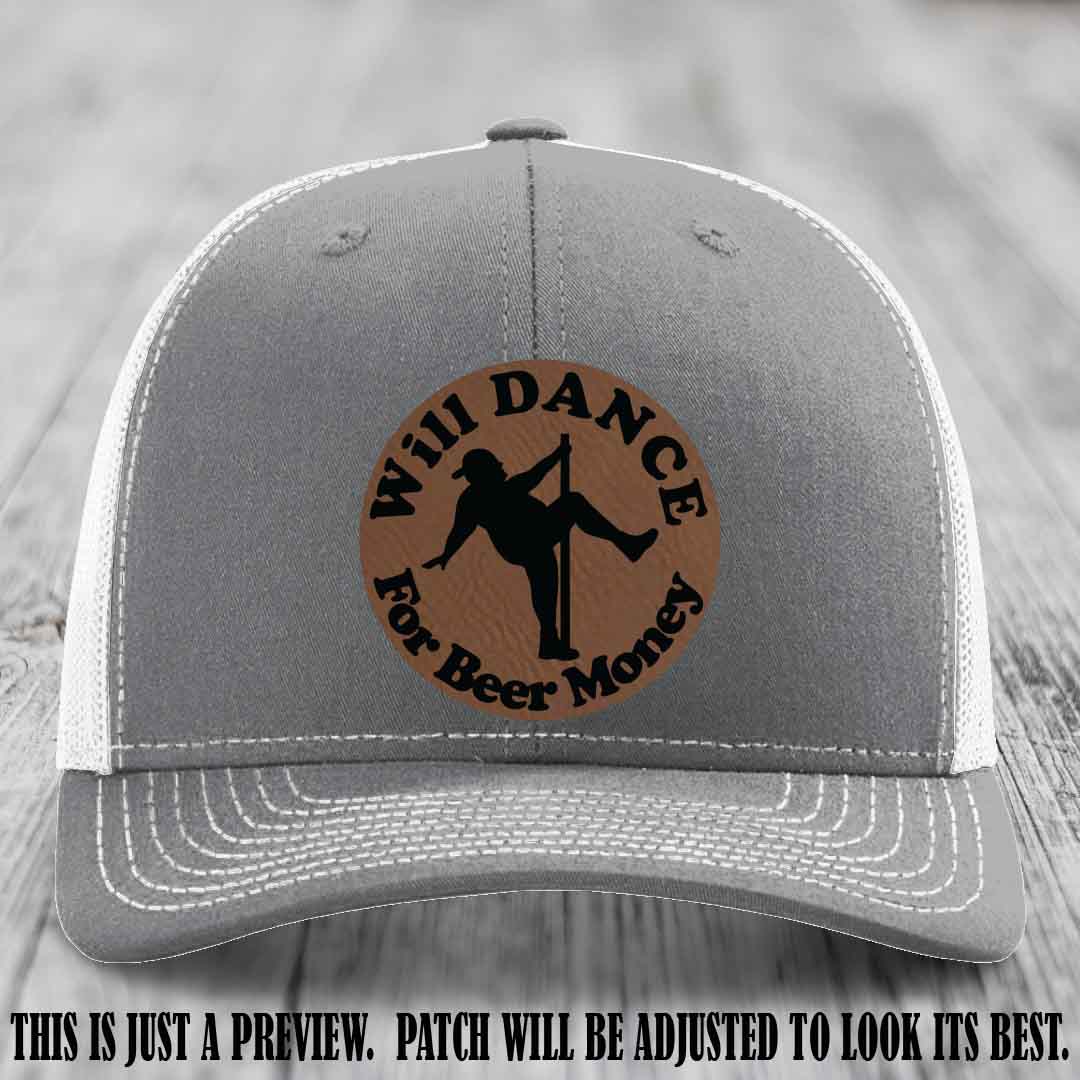 Will Dance for Beer Money – Dark Brown to Black Patch 🕺🍺 on a Heather Grey to White Hat
