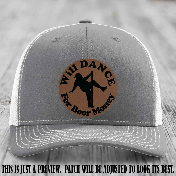 Will Dance for Beer Money – Dark Brown to Black Patch 🕺🍺 on a Heather Grey to White Hat