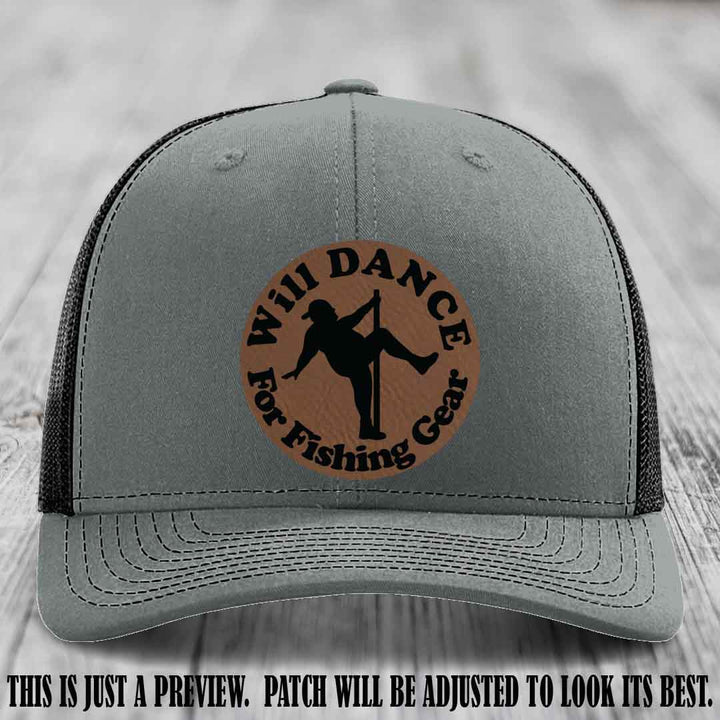 Will Dance for Fishing Gear 🎣 Dark Brown to Black Patch Leather Patch Hat on a Heather Grey to Black Hat - Funny custom leather patch hat featuring pole dancing fisherman design