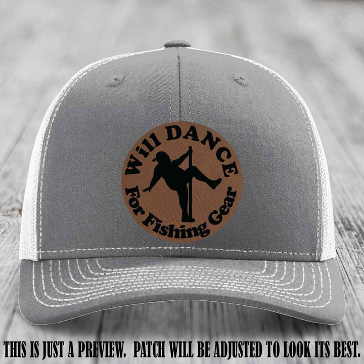 Will Dance for Fishing Gear 🎣 Dark Brown to Black Patch Leather Patch Hat on a Heather Grey to White Hat - Funny custom leather patch hat featuring pole dancing fisherman design