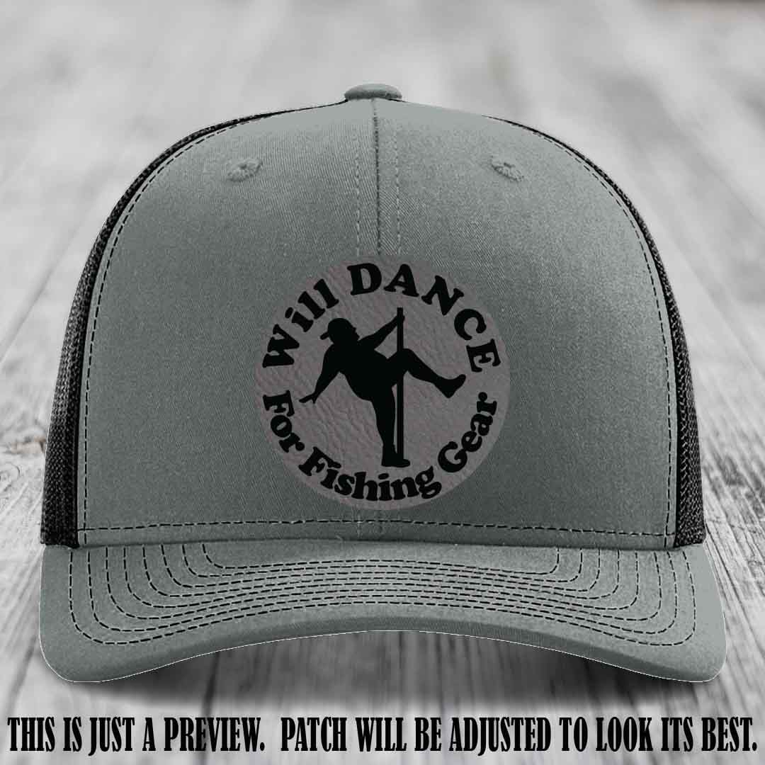 Will Dance for Fishing Gear 🎣 Grey to Black Patch Leather Patch Hat on a Heather Grey to Black Hat - Funny custom leather patch hat featuring pole dancing fisherman design