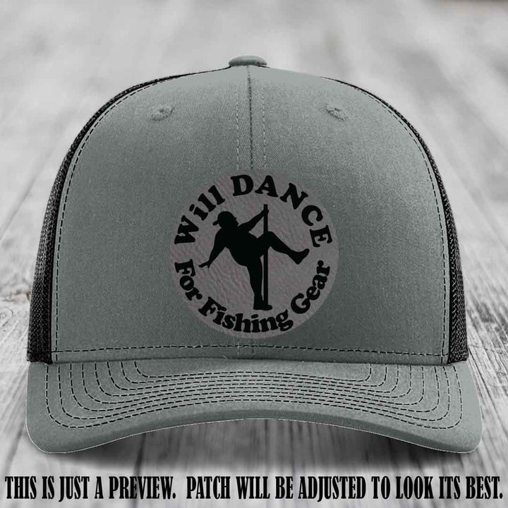 Will Dance for Fishing Gear 🎣 Grey to Black Patch Leather Patch Hat on a Heather Grey to Black Hat - Funny custom leather patch hat featuring pole dancing fisherman design