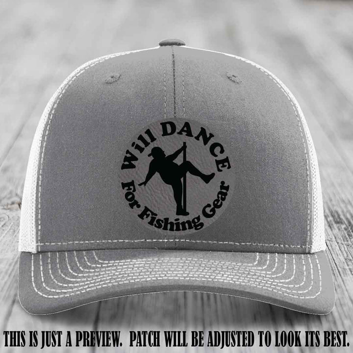 Will Dance for Fishing Gear 🎣 Grey to Black Patch Leather Patch Hat on a Heather Grey to White Hat - Funny custom leather patch hat featuring pole dancing fisherman design