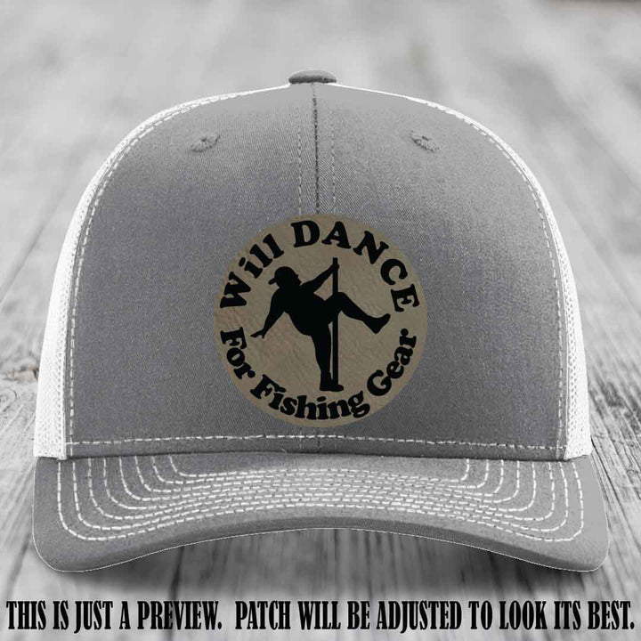 Will Dance for Fishing Gear 🎣 Light Brown to Black Patch Leather Patch Hat on a Heather Grey to White Hat - Funny custom leather patch hat featuring pole dancing fisherman design