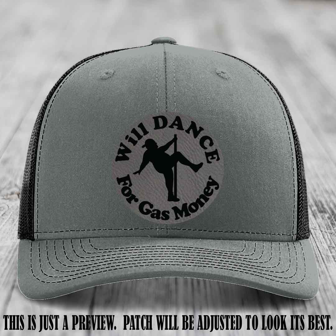 Will Dance For Gas Money patch on Heather Grey to Black Hat with Grey to Black Patch