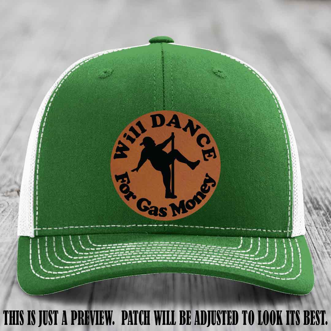 Will Dance For Gas Money patch on Kelly to White Hat with Rawhide to Black Patch