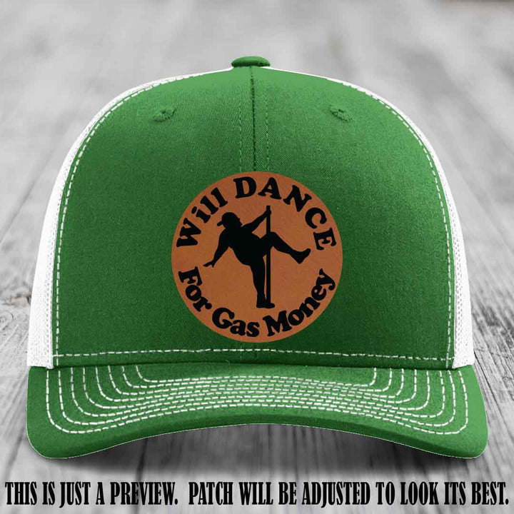 Will Dance For Gas Money patch on Kelly to White Hat with Rawhide to Black Patch