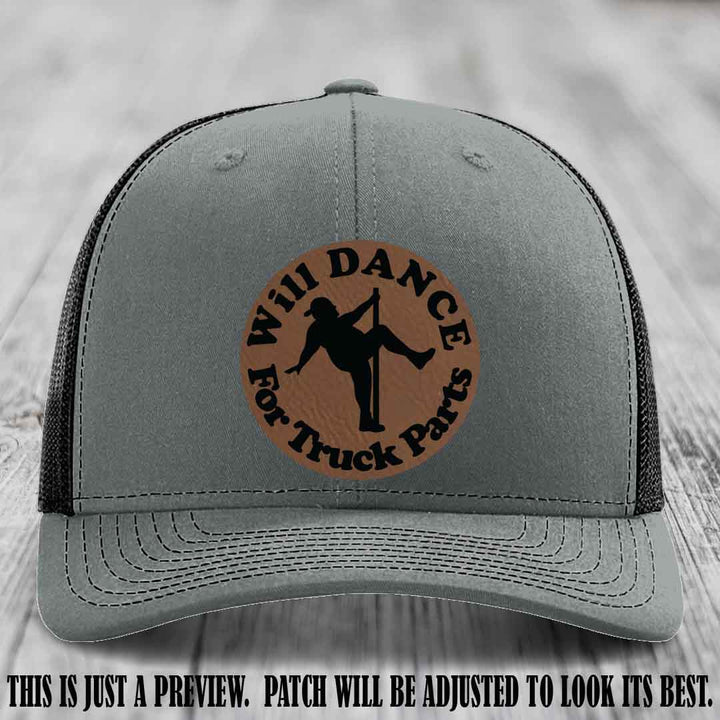 Richardson 112 leather patch hat – Heather Grey to Black Hat with 'Will Dance For Truck Parts' design on Dark Brown to Black Patch