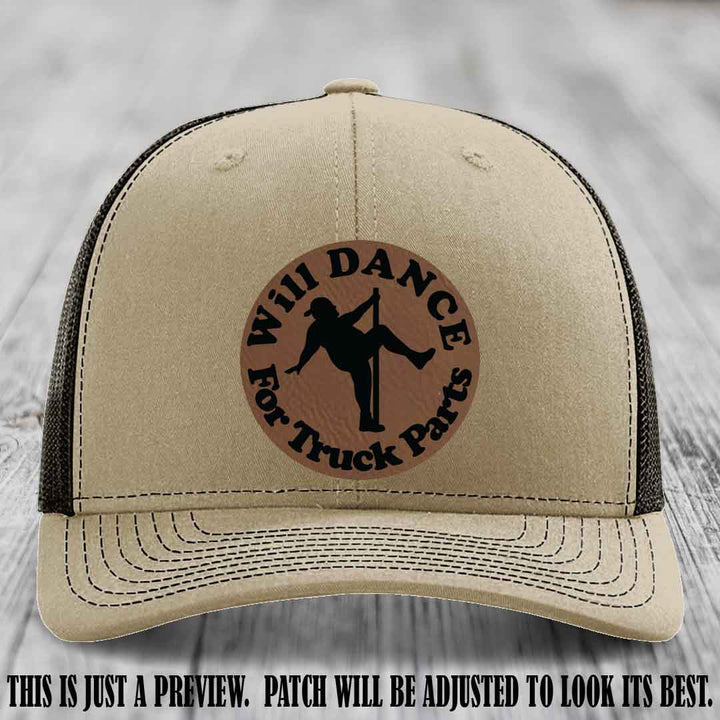 Richardson 112 leather patch hat – Khaki to Coffee Hat with 'Will Dance For Truck Parts' design on Dark Brown to Black Patch