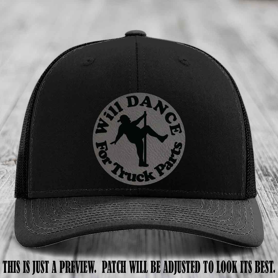 Richardson 112 leather patch hat – Black Hat with 'Will Dance For Truck Parts' design on Grey to Black Patch