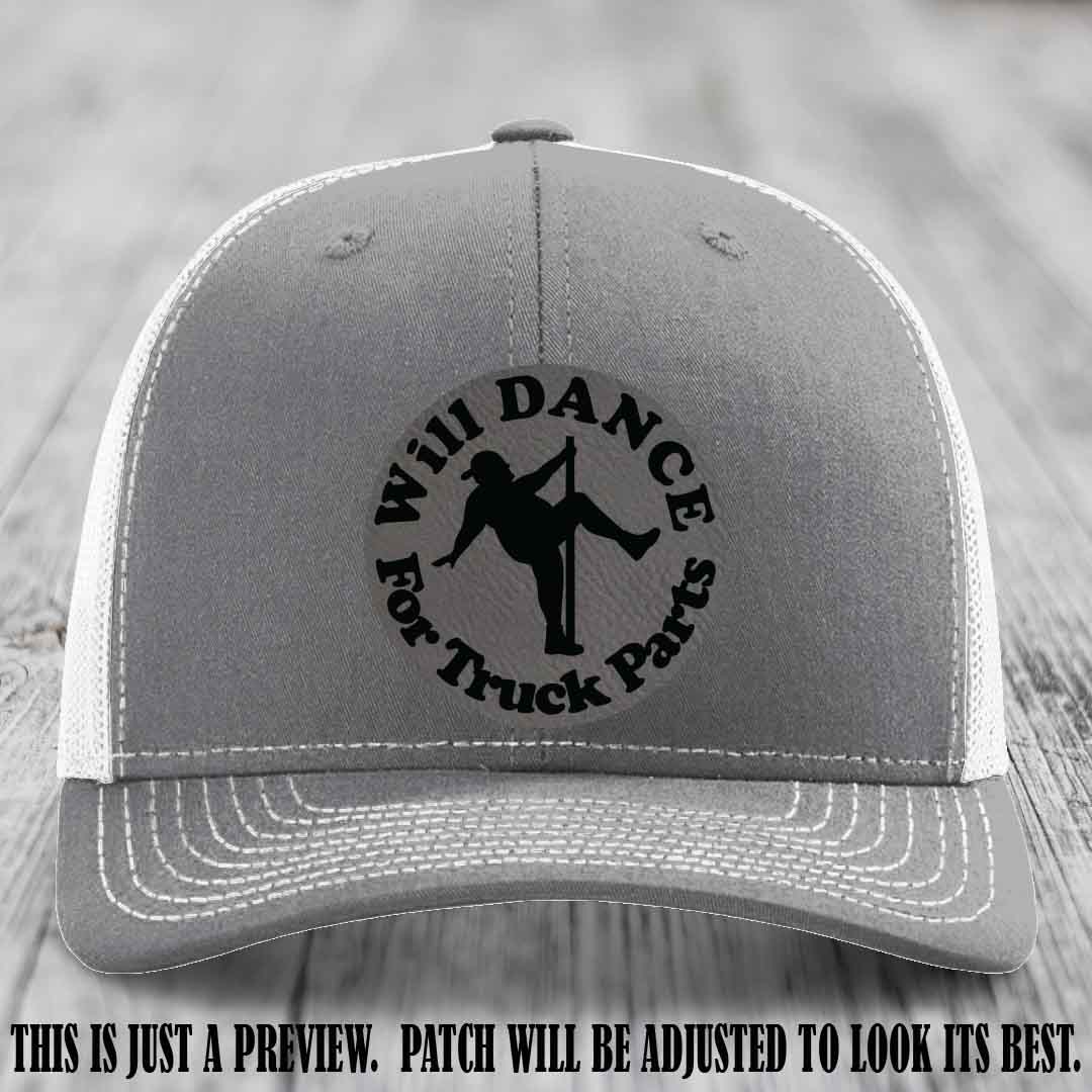 Richardson 112 leather patch hat – Heather Grey to White Hat with 'Will Dance For Truck Parts' design on Grey to Black Patch