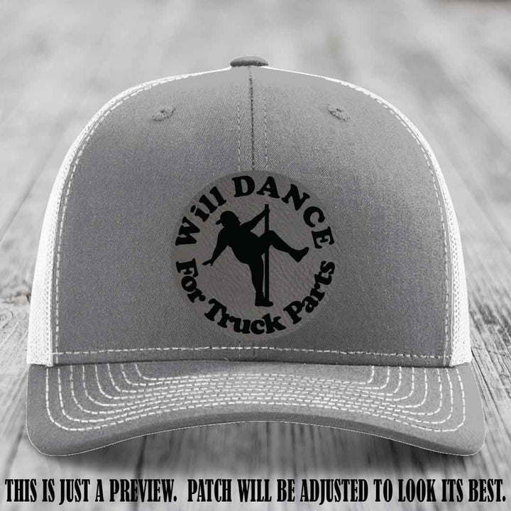 Richardson 112 leather patch hat – Heather Grey to White Hat with 'Will Dance For Truck Parts' design on Grey to Black Patch