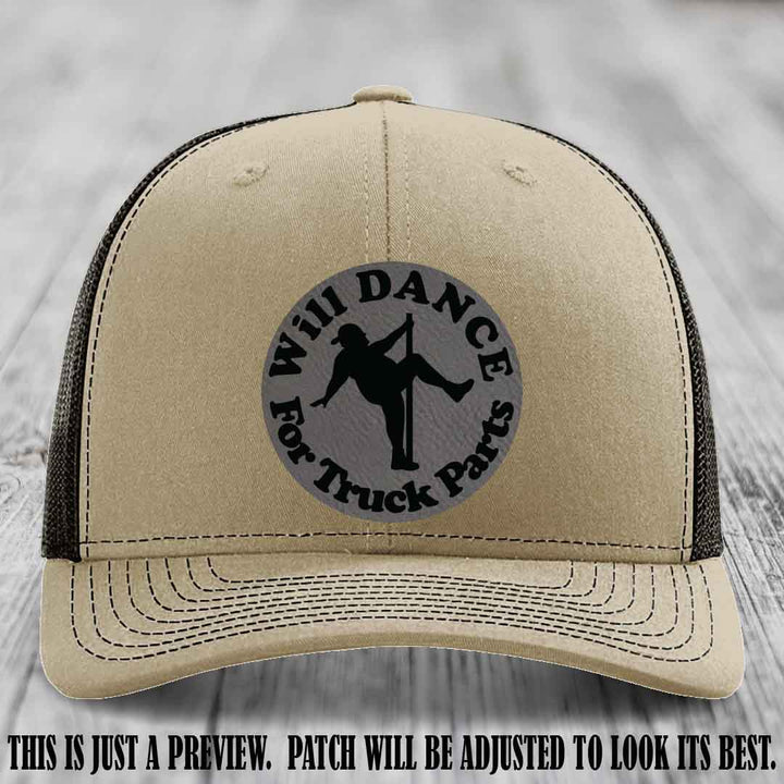 Richardson 112 leather patch hat – Khaki to Coffee Hat with 'Will Dance For Truck Parts' design on Grey to Black Patch