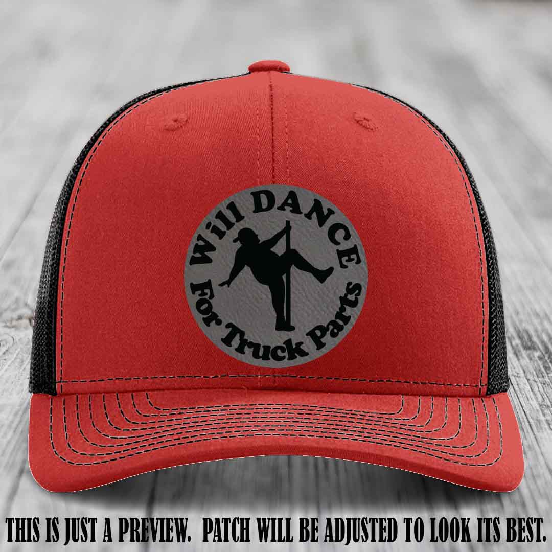 Richardson 112 leather patch hat – Red to Black Hat with 'Will Dance For Truck Parts' design on Grey to Black Patch