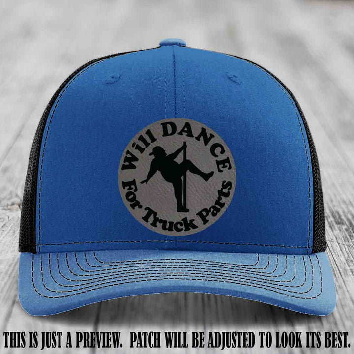 Richardson 112 leather patch hat – Royal to Black Hat with 'Will Dance For Truck Parts' design on Grey to Black Patch